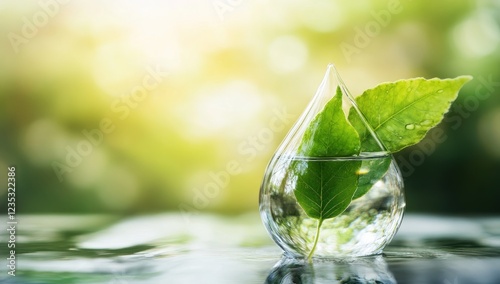 Pure Nature: A teardrop of water with green leaves, reflecting the serene beauty of nature.