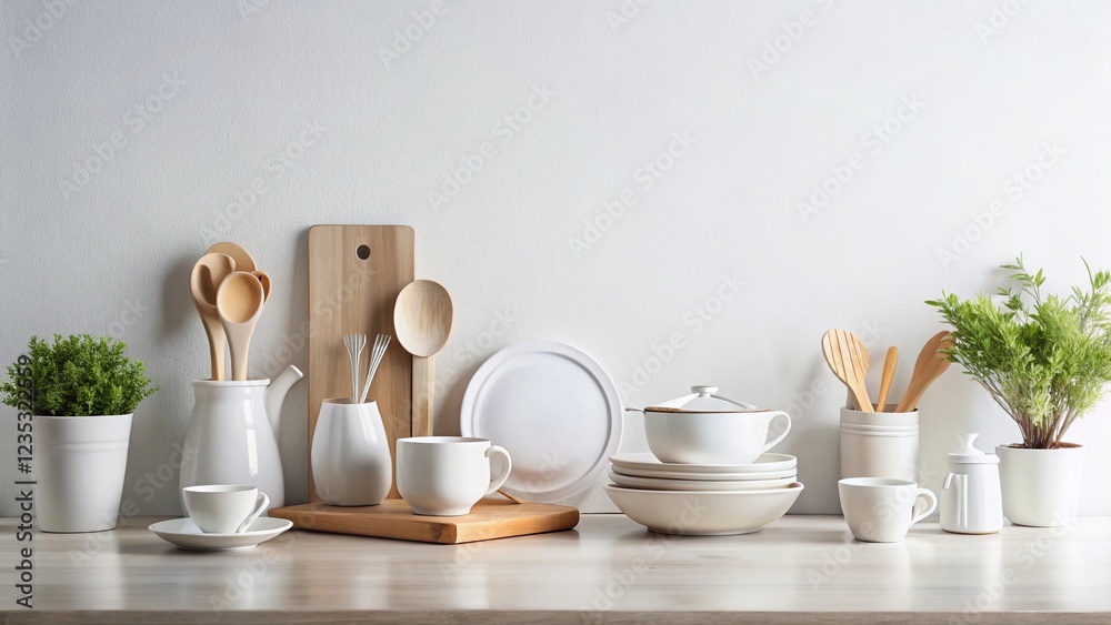 Minimalist White Kitchen Utensils & Tableware on Bright Background - Stock Photo Minimalist White Kitchen Utensils & Tableware on Bright Background - Stock Photo