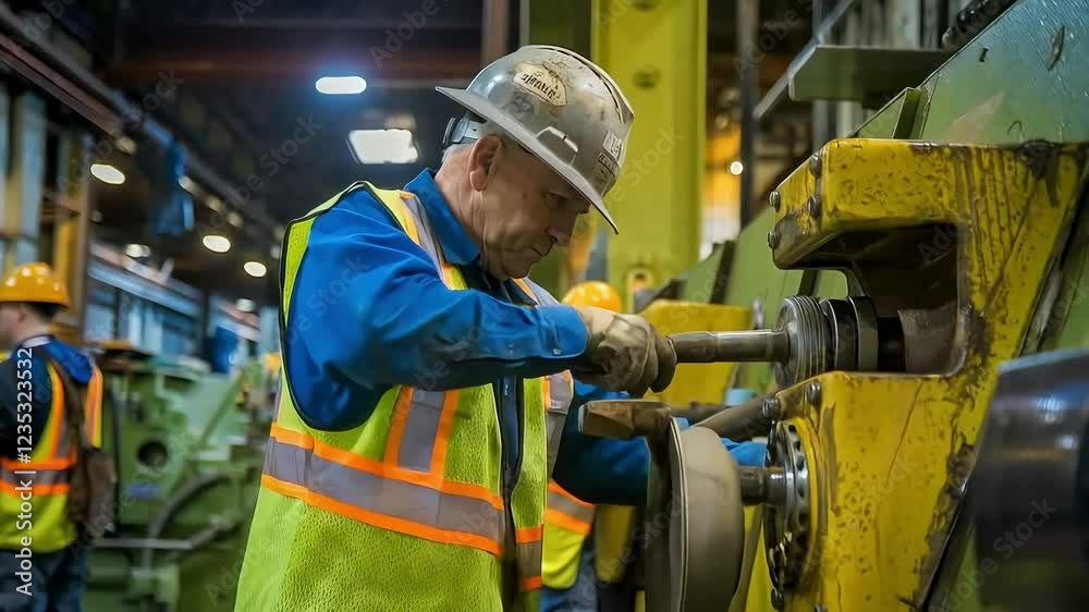 An experienced worker focuses on machinery maintenance, showcasing skill and dedication in a manufacturing environment An experienced worker focuses on machinery maintenance, showcasing skill and dedication in a manufacturing environment
