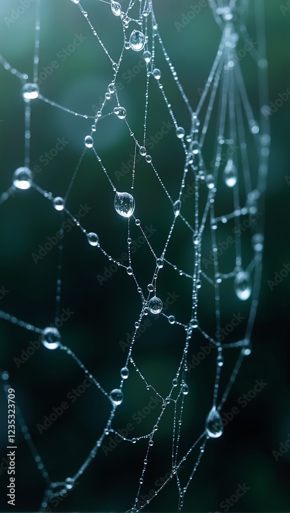 Iridescent raindrops on spiderweb refracting light Iridescent raindrops on spiderweb refracting light