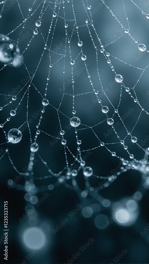 Iridescent raindrops on spiderweb refracting light Iridescent raindrops on spiderweb refracting light