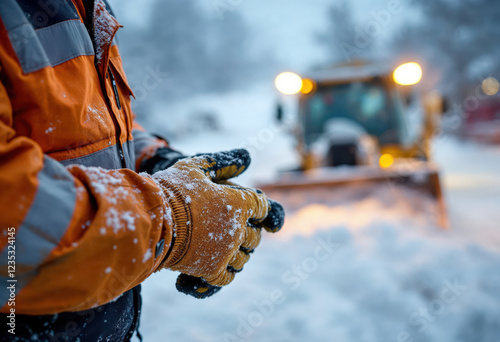Winter snow removal in progress at a construction site, highlighting a worker preparing for operation during a snowy morning