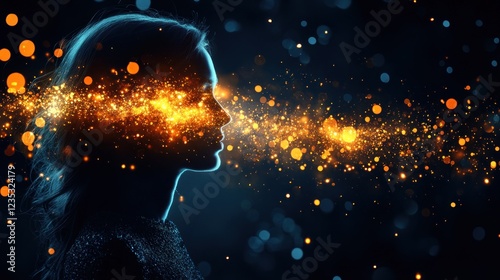 Mystical Woman Silhouette Embracing Golden Light Particles