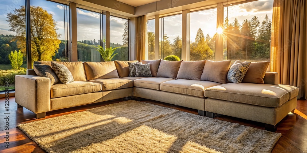 Fototapeta premium Modern Sectional Sofa in Sunlit Living Room