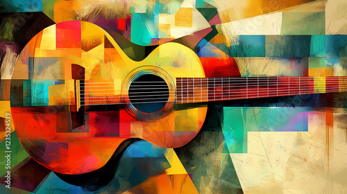 Colorful guitar illustration cubist style picture. Cubist Abstraction. Illustration