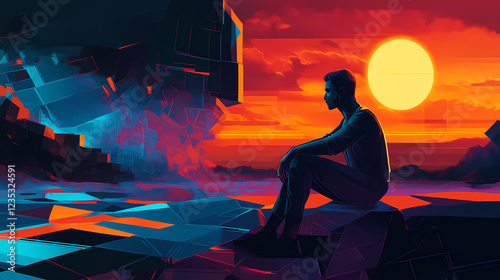 Contemplative self portrait blending realism and abstraction in a futuristic glowing landscape. Cubist Abstraction. Illustration photo