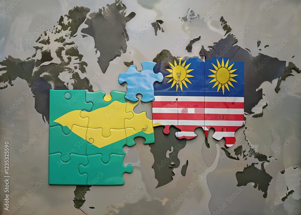 Fototapeta premium National Flag Puzzle on World Map with Low Light