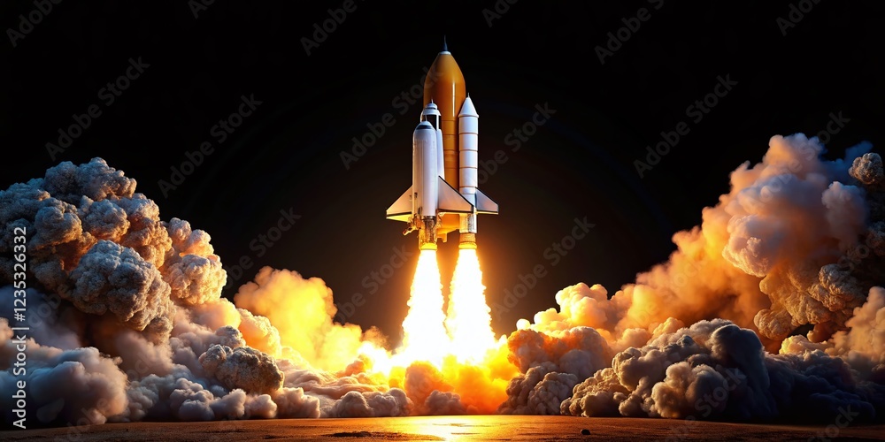 Obraz premium Night Launch: Isolated Rocket Ascending Against White Background