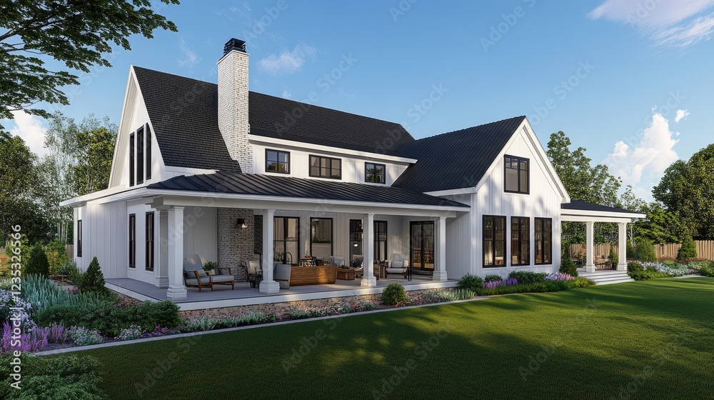 A contemporary farmhouse with a spacious wraparound porch and green surroundings. A contemporary farmhouse with a spacious wraparound porch and green surroundings.