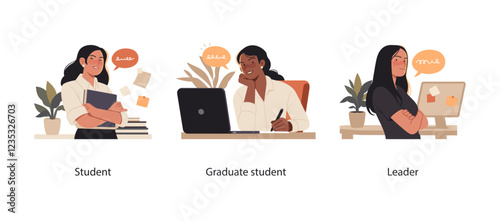 Collection of scenes illustrating the stages of personal and professional development. A student engaged in learning, a graduate student analyzing information.