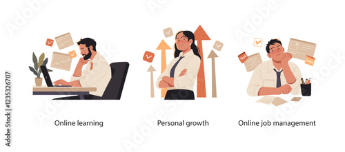 Collection of scenes illustrating career development and digital work management. Professionals engage in online learning, focus on personal growth, and efficiently organize job-related tasks.