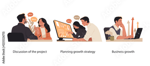 Collection of scenes illustrating business strategy and growth. Professionals collaborate on project discussions, analyze data for strategic planning, and focus on business development.