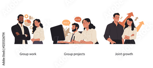 Collection of scenes highlighting teamwork, project collaboration, and professional growth. Colleagues working together, planning projects, and achieving business success in a corporate setting.