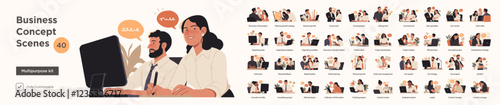 A collection of 40 business concept illustrations depicting various workplace activities, teamwork. Scenes of meetings, collaboration, project planning, workflow organization, leadership.