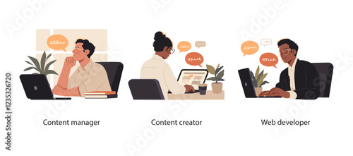 Collection of scenes showcasing professionals in digital content creation and management. A content manager, creator, and web developer work on their tasks in a modern office environment.