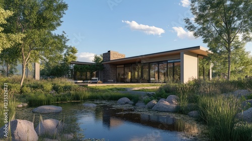 A contemporary house with a large backyard, mature trees, and a peaceful pond.