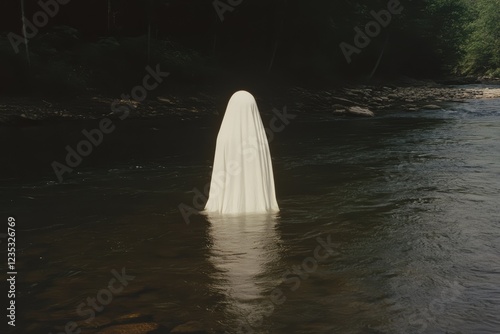 A white glowing figure in the middle of a river, threading the stream of consciousness, metaphysical, and existential themes, depicting death and the struggle for meaning in life. photo