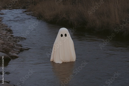 A figure in a foggy river, resembling the Sretensky Monastery. photo