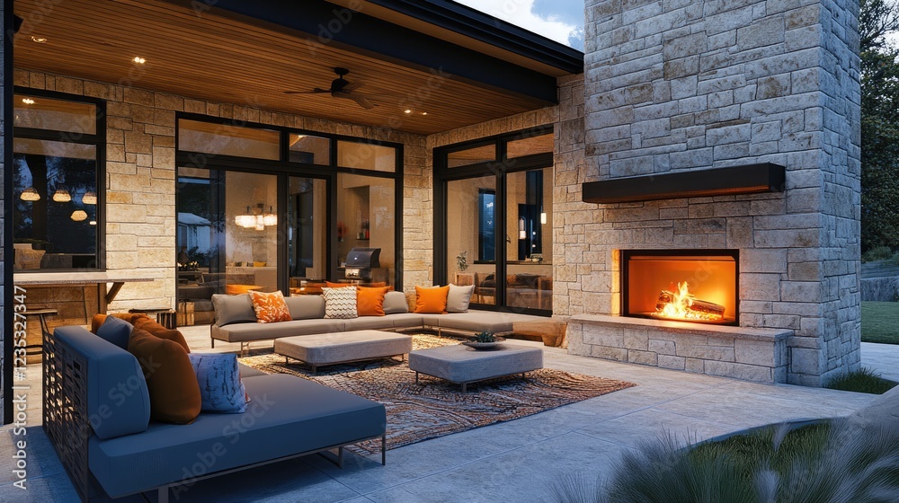 Fototapeta premium A cozy rooftop lounge with an outdoor fireplace and modern seating arrangements.