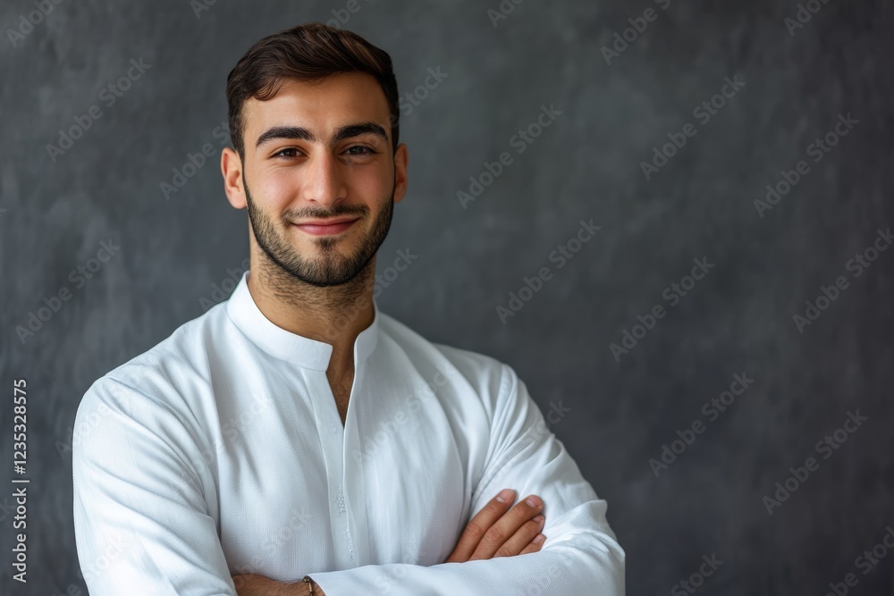 Obraz premium Confident Man in Traditional White Attire with Arms Crossed. Generative AI.