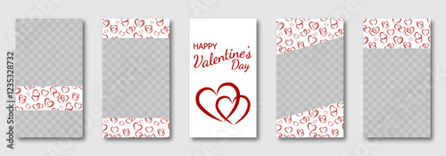 Valentine's Day social media templates design, set of background for banner, flyer, card with doodle hearts en red, white tones. vector illustration for poster, frame, stories, story post. copy space