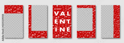 Valentine's Day social media templates design, set of background for banner, flyer, card with doodle hearts en red, white tones. vector illustration for poster, frame, stories, story post. copy space