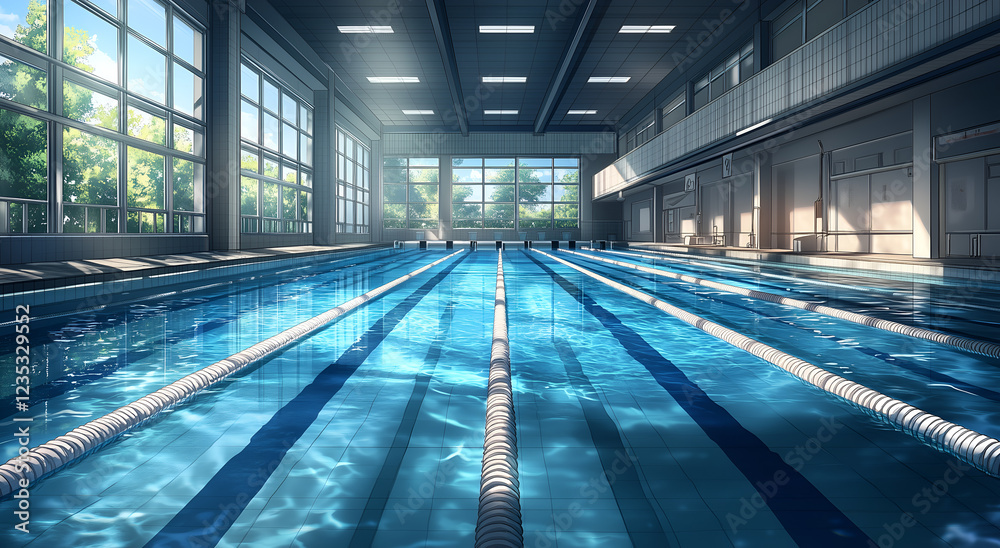 Naklejka premium swimming pool with an indoor swimming facility, featuring long lines of blue and white tiles on the floor. 