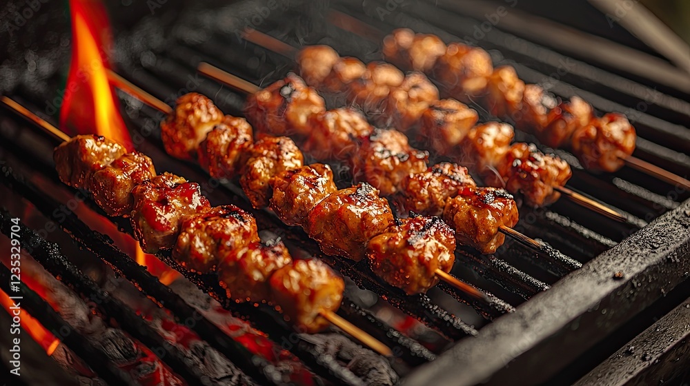 Grilled skewers of marinated meat sizzling on a barbecue, surrounded by smoky flames Grilled skewers of marinated meat sizzling on a barbecue, surrounded by smoky flames