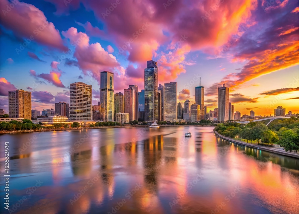 Panoramic Cityscape of Brisbane City and Brisbane River at Dawn with Pink Clouds Panoramic Cityscape of Brisbane City and Brisbane River at Dawn with Pink Clouds