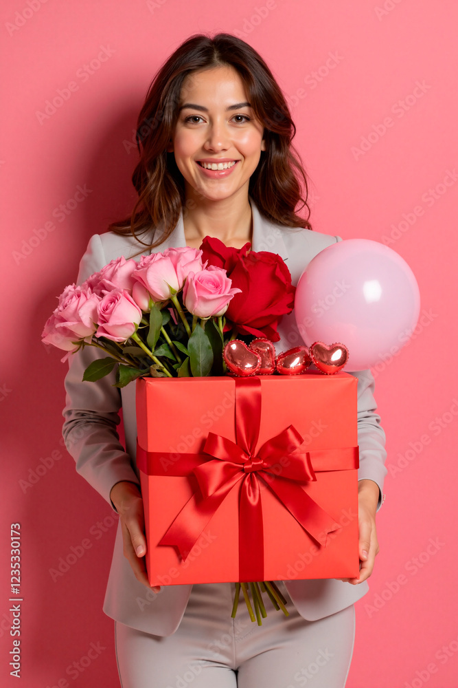 Una mujer sonriendo con un regalo del día de los enamorados.
