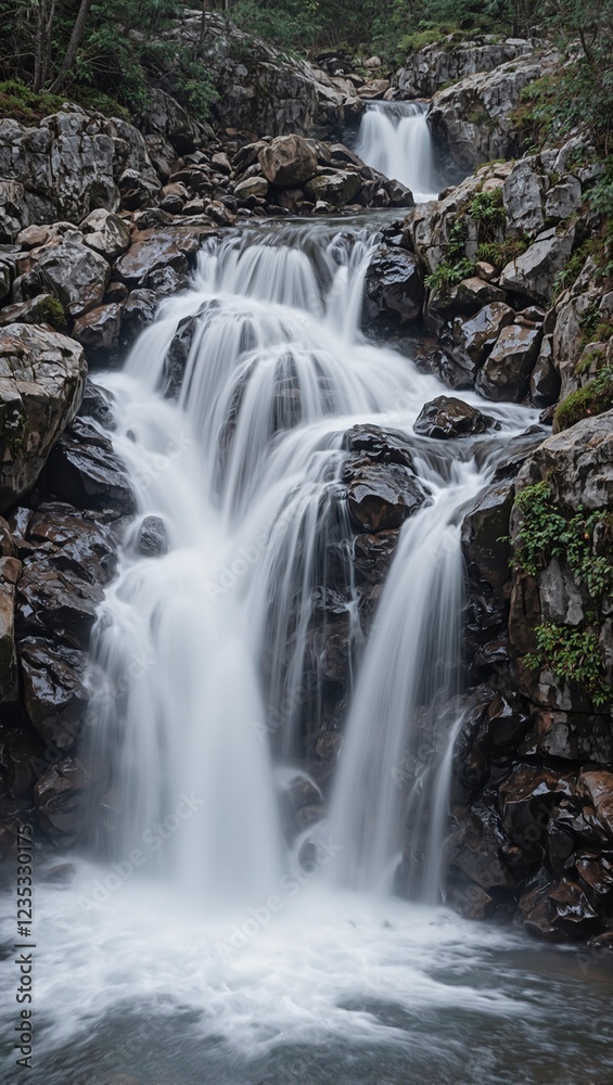 Obraz premium Serene waterfall in motion blur over rocky terrain