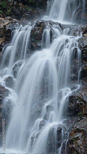 Serene waterfall in motion blur over rocky terrain