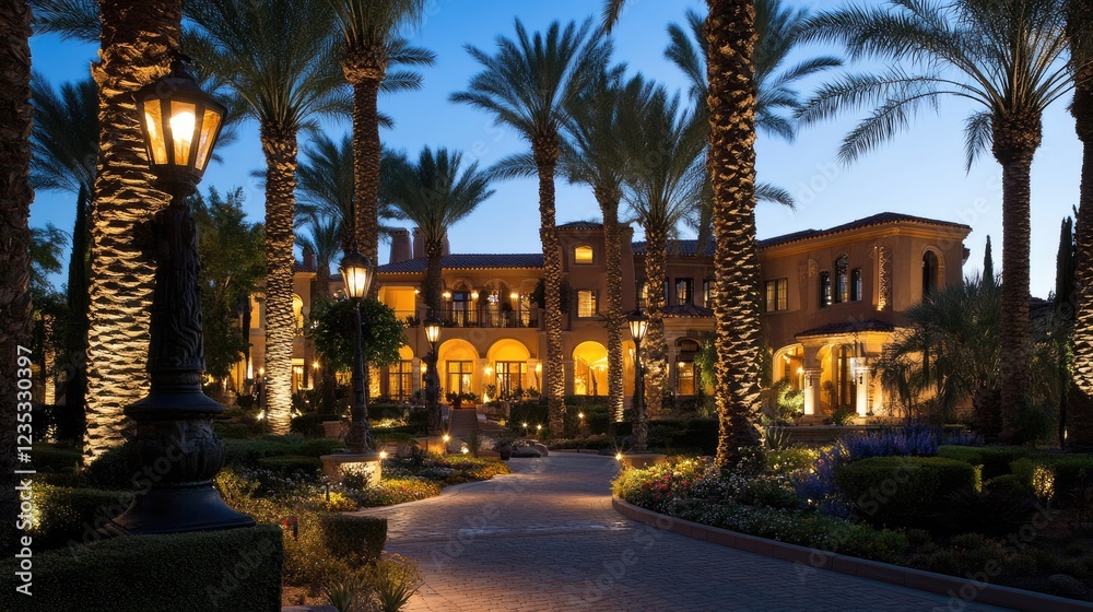 Fototapeta premium A grand luxury estate surrounded by lush gardens and elegant outdoor lighting.