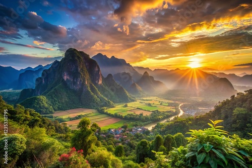 Panoramic Phu Kham (Phapoungkham) Sunrise, Vang Vieng Laos: Stunning Mountain Viewpoint Bokeh