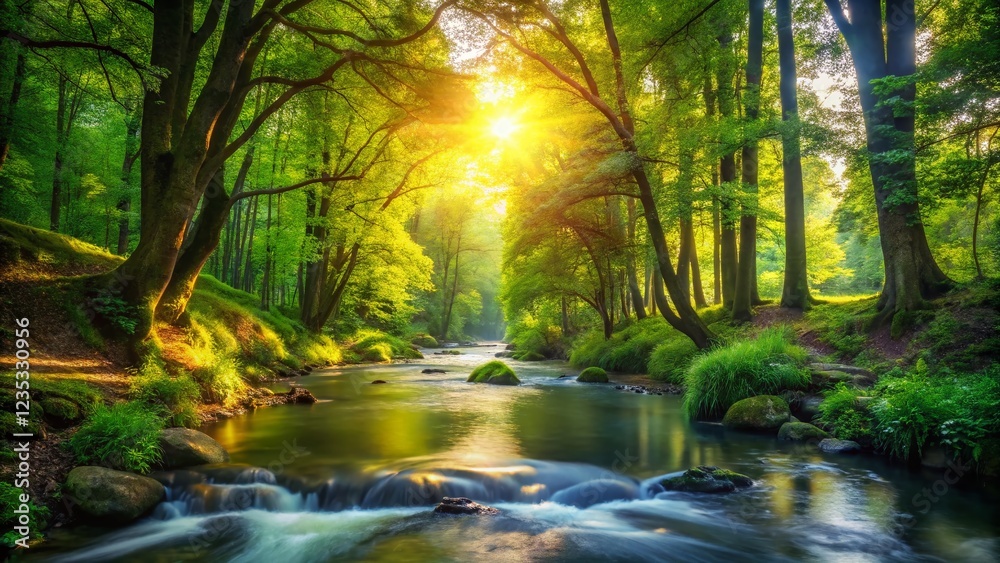 Fototapeta premium Panoramic Serene River Flowing Through Lush Green Forest - Nature Landscape Photography