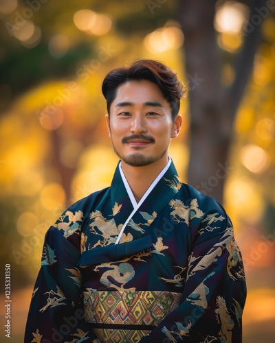 A man wearing a beautifully detailed traditional kimono, set against a natural background, celebrating cultural heritage and the elegance of traditional clothing in soft sunlight.