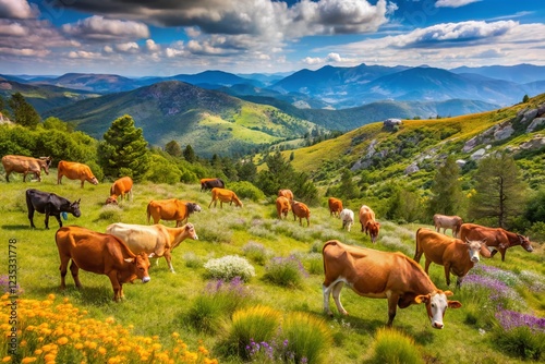 Panoramic View of Cows Grazing in Lush Mountain Pastures of Geres, Portugal photo