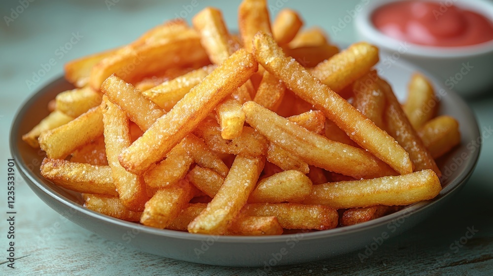 Golden, crispy French fries piled high on a plate with a side of ketchup for dipping Golden, crispy French fries piled high on a plate with a side of ketchup for dipping