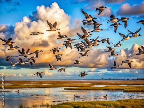 Panoramic View of Pale-Bellied Brant Geese Flying Over Coastal Mudflats