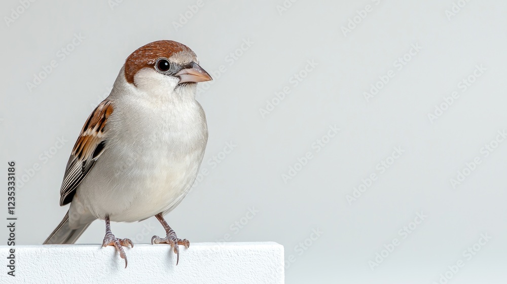 Fototapeta premium Sparrow perched on white, simple background, nature photography
