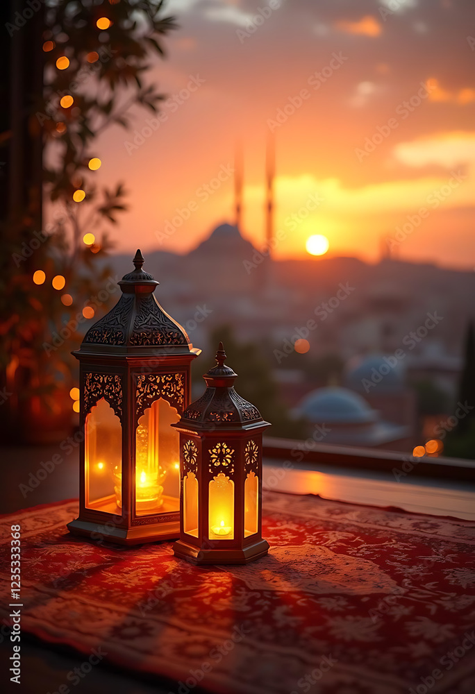 Tranquil Sunset Prayer Generative AI, Lanterns and Mosque Silhouette. Ramadhan. Tranquil Sunset Prayer Generative AI, Lanterns and Mosque Silhouette. Ramadhan.
