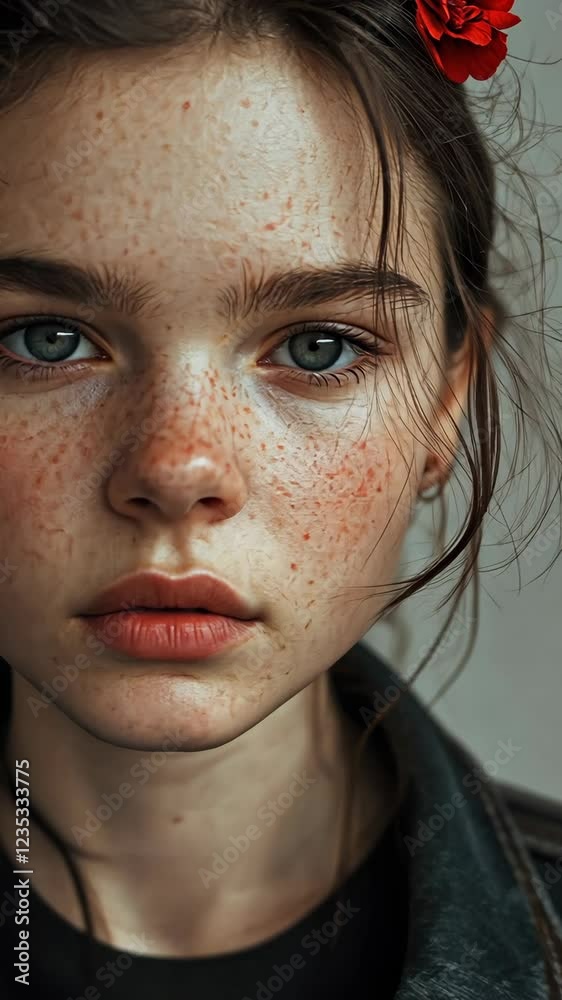 Young person with striking freckles and blue eyes poses in a natural light setting, highlighting raw beauty and expression Young person with striking freckles and blue eyes poses in a natural light setting, highlighting raw beauty and expression