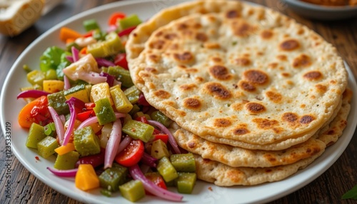 Chapati Served with Fresh Vegetables and Pickles photo