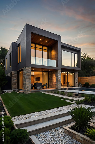 Luxury Modern House with Stunning Night View.  Contemporary architecture, featuring large windows, stone accents, and a beautiful garden. Ideal for real estate listings and architectural magazines.