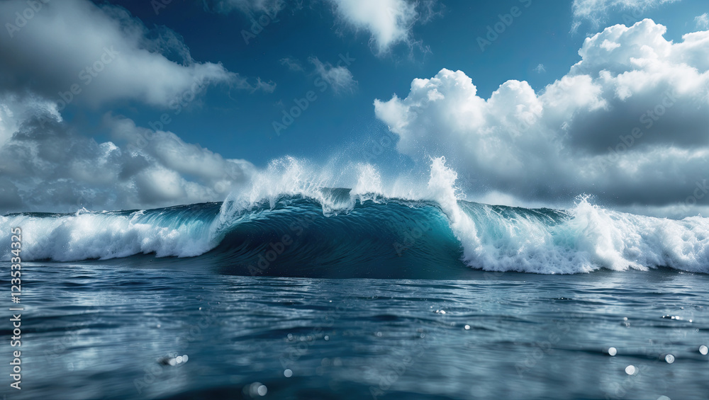 Naklejka premium close-up of a wave breaking in the ocean. The wave is in the center of the image, with the water surrounding it. The water is a deep blue color and the surface is covered in small bubbles.