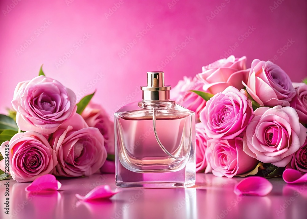 Pink Perfume Bottle with Roses on a Delicate Pink Background