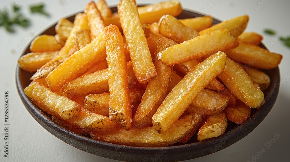 A close-up of golden, crispy French fries in a dark bowl on a light surface A close-up of golden, crispy French fries in a dark bowl on a light surface