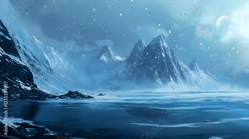 Frozen Peak Landscape Illustration: A Breathtaking Digital Painting of a Snowy Mountain Range and Frozen Lake
