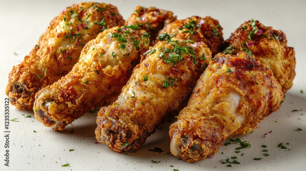 Crispy fried chicken drumsticks garnished with herbs on a light background Crispy fried chicken drumsticks garnished with herbs on a light background