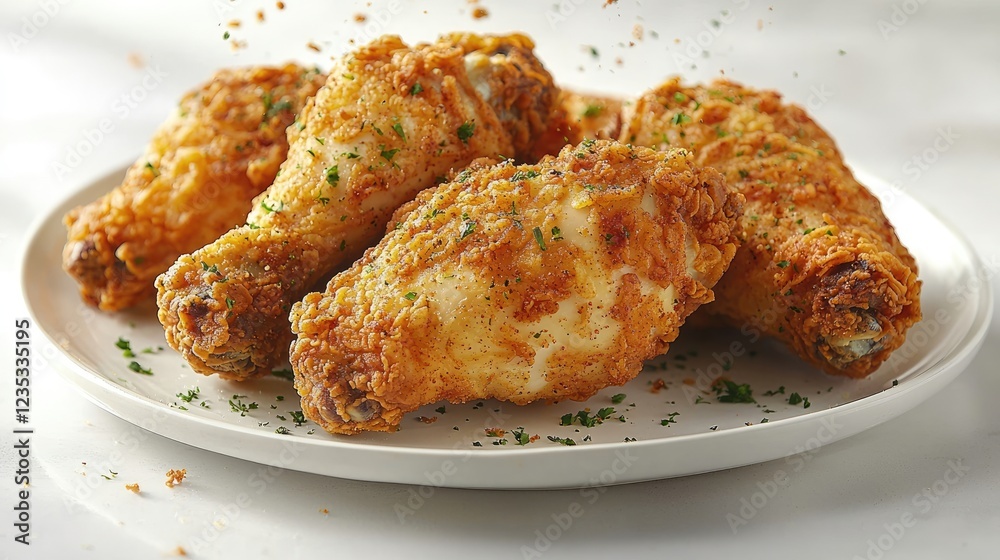 Crispy fried chicken drumsticks served on a white plate with herbs, showcasing a delicious meal Crispy fried chicken drumsticks served on a white plate with herbs, showcasing a delicious meal